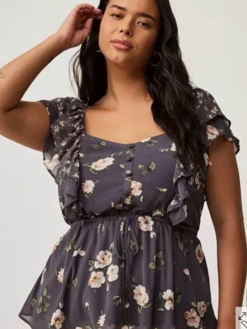 Torrid Floral Ruffle Cinched Tie-Waist Peplum Top - Gray